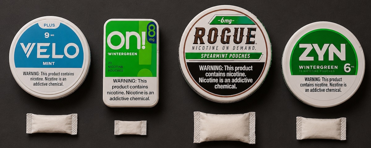Nicotine Pouch Formats compared. From left to right: Velo Plus (slim), on! (mini), Rogue (regular), ZYN (slim)